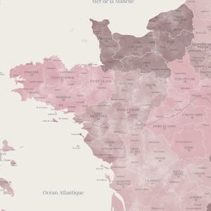 Carte de France aux tonalités aquarelle roses, Carte des départements de France, Affiche décorative détaillée, Idée cadeau originale image 4