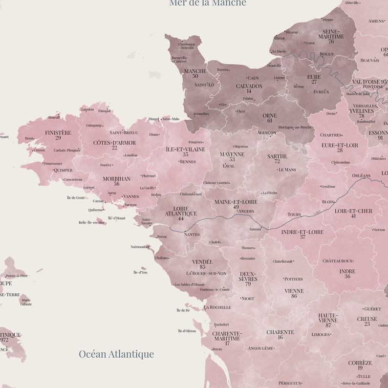Carte de France aux tonalités aquarelle roses, Carte des départements de France, Affiche décorative détaillée, Idée cadeau originale image 4