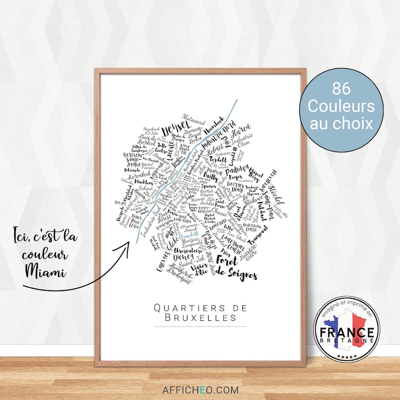 Carte personnalisée Bruxelles – Choisissez votre quartier & couleur – Affiche déco moderne – Idée cadeau belge originale image 2