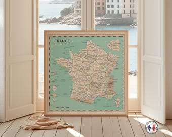 Carte de France bleue, Carte des départements de France, Affiche décorative détaillée, Idée cadeau originale