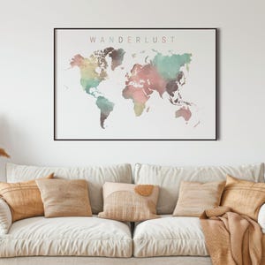 Carte du monde vierge à imprimer, Carte du monde couleurs pastels à télécharger, Mappemonde murale minimaliste, Décoration scandinave