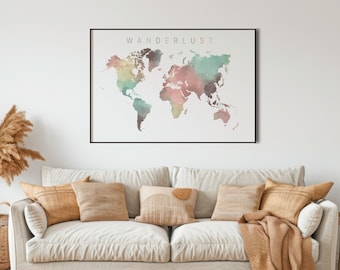 Blank world map printable, Pastel colored world map download, Minimalist wall map, Scandinavian wall art, Nursery wall decor, Gift for baby