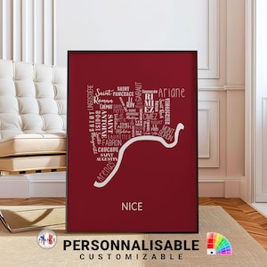 Carte de Nice colorée, 12 couleurs au choix, Affiche noms des quartiers de Nice, Carte Nice personnalisée, Cadeau déco personnalisé