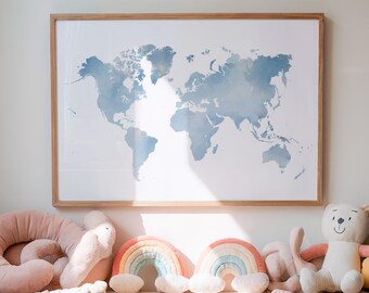 Blue watercolor world map – soft minimalist wash print – calming nursery wall décor for baby room