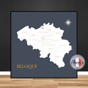 Carte de Belgique, Carte des régions de Belgique, Affiche décorative détaillée, Idée cadeau originale