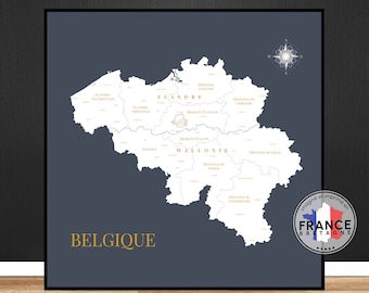 Map of Belgium, Map of the regions of Belgium, Detailed decorative poster, Original gift idea