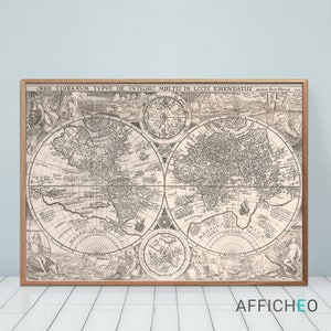 Reproduction restaurée d'une ancienne carte du monde, Affiche aux couleurs sepia, Idée cadeau pour homme