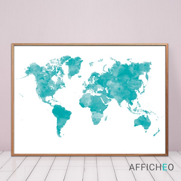 Grande carte du monde aquarelle bleue turquoise, Affiche de décoration intérieure pour la chambre de bébé