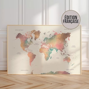 Planisphère en français avec les frontières des pays et leurs capitales, Mappemonde colorée avec effet aquarelle, Carte du monde en français