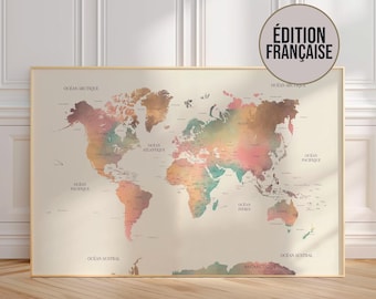 World map in English with countries borders and their capitals, colorful world map with watercolor effect.