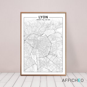 Affiche déco de Lyon, Carte minimaliste noir et blanc
