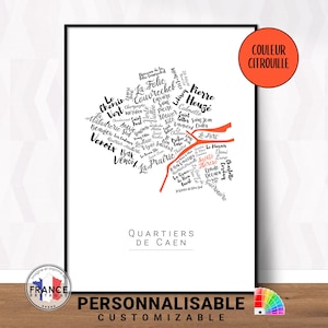 Affiche de Caen personnalisable, Carte des quartiers de Caen, Cadeau déco personnalisé, Idée cadeau original,