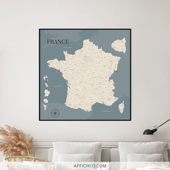 Blue Map of France, Map of the Departments of France, Detailed Decorative  Poster, Original Gift Idea 