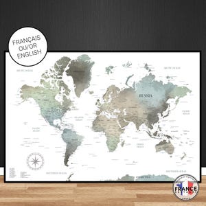 Carte du monde minérale au style aquarelle, Mappemonde décorative détaillée, Map monde en français ou anglais, Affiche grand format image 5