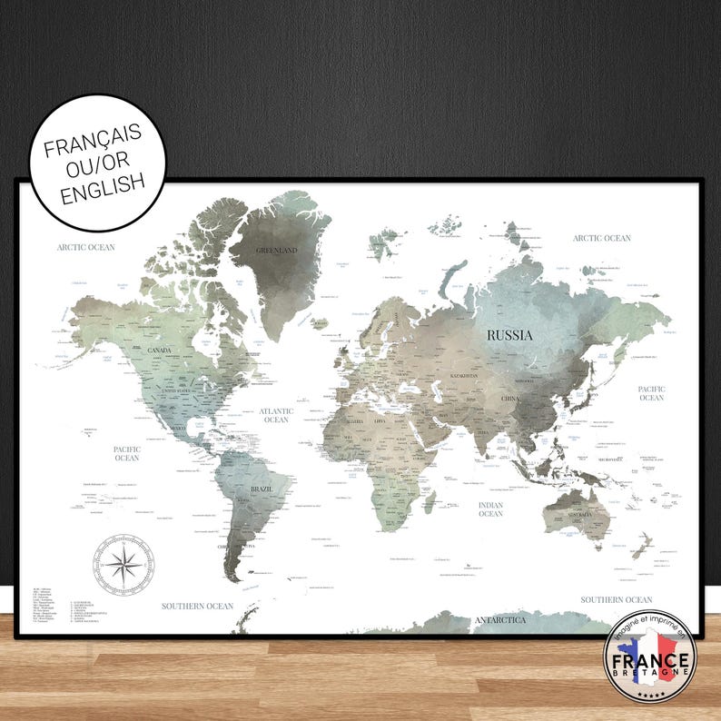 Carte du monde minérale au style aquarelle, Mappemonde décorative détaillée, Map monde en français ou anglais, Affiche grand format image 5