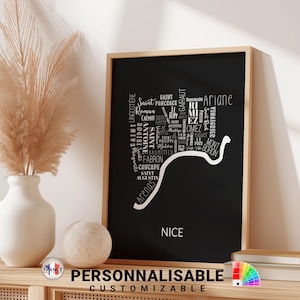 Carte de Nice noir & blanc, Affiche moderne personnalisable de Nice, Carte quartiers de Nice, 12 couleurs au choix, cadeau déco personnalisé