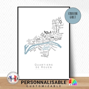 Affiche de Rouen personnalisable, Carte des quartiers de Rouen, Idée cadeau déco personnalisé, Poster ville et quartiers de Rouen