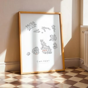 Affiche îles du Cap Vert, Carte pays Cap Vert, Noms villes et villages du Cap Vert personnalisable, Décoration murale originale, Idée cadeau