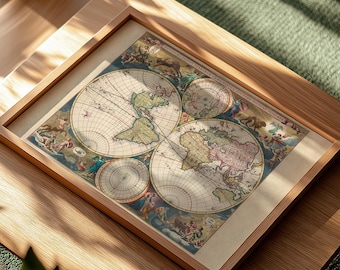 Reproduction d'une magnifique carte du monde ancienne avec ses illustrations du zodiaque du XVIIème siècle