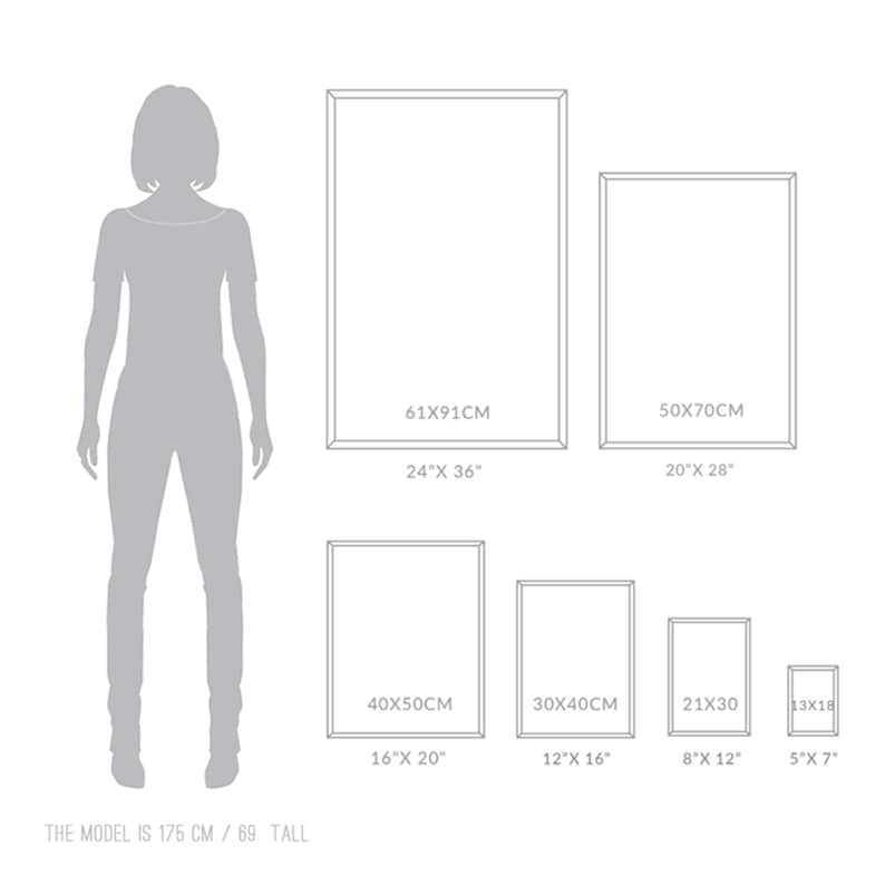 May include: Diagram showing different sizes of framed artwork with measurements in inches and centimeters. The model is 69 inches tall.
