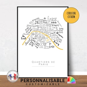 Carte de Paris, Affiche originale des quartiers de Paris, Cadeau déco personnalisé, Impression carte originale, Couleurs personnalisables