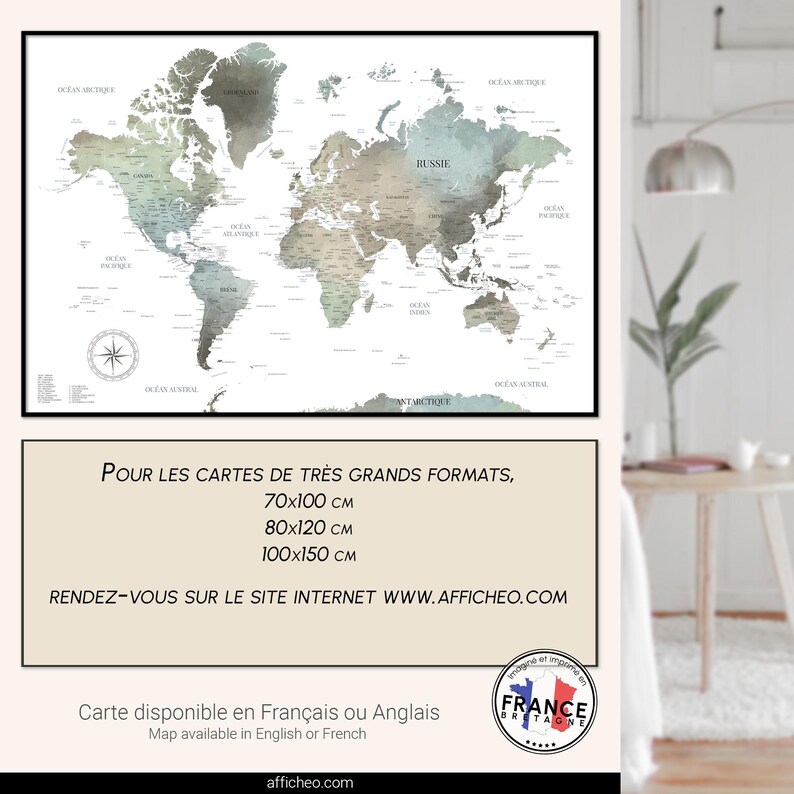 Carte du monde murale aux couleurs minérales