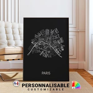Carte de Paris, 12 couleurs au choix, Affiche avec noms des quartiers de Paris, Impression affiche quartiers Paris, Cadeau déco personnalisé