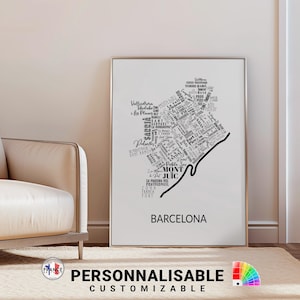 Affiche de Barcelone noir et blanc, Affiche personnalisée 12 couleurs, Carte quartiers Barcelone, Affiche moderne, Cadeau déco personnalisé