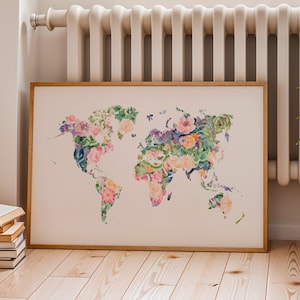 Carte du monde à imprimer, Carte du monde murale fleurie, Poster à télécharger, Mappemonde décorative, Affiche printemps aquarelle