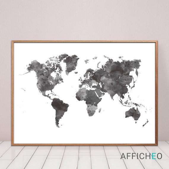 Carte Du Monde Aquarelle Noir Et Blanc Affiche De Décoration Pour La Maison Idée Cadeau Pour Une Crémaillère