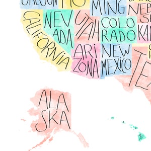 Carte des Etats-Unis couleurs pastel avec les noms des états calligraphiés image 3