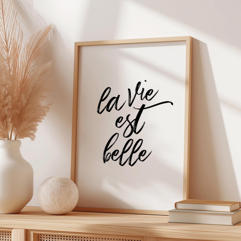 La vie est belle typographic print – black and white calligraphy wall art – minimalist inspirational poster for home decor or gift image 4