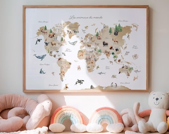 Watercolor animals of the world poster – illustrated continents map