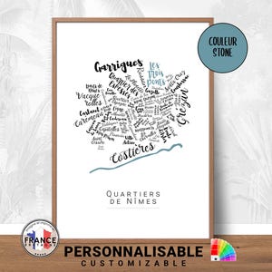 Affiche de Nîmes, Carte des quartiers de Nîmes, Noms des quartiers calligraphiés personnalisable, Cadeau déco personnalisé original