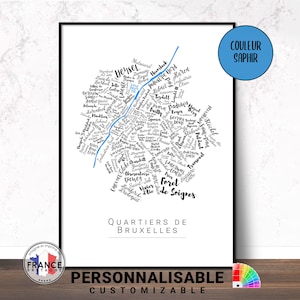 Carte de Bruxelles, Affiche originale des quartiers de Bruxelles, Noms des quartiers personnalisé