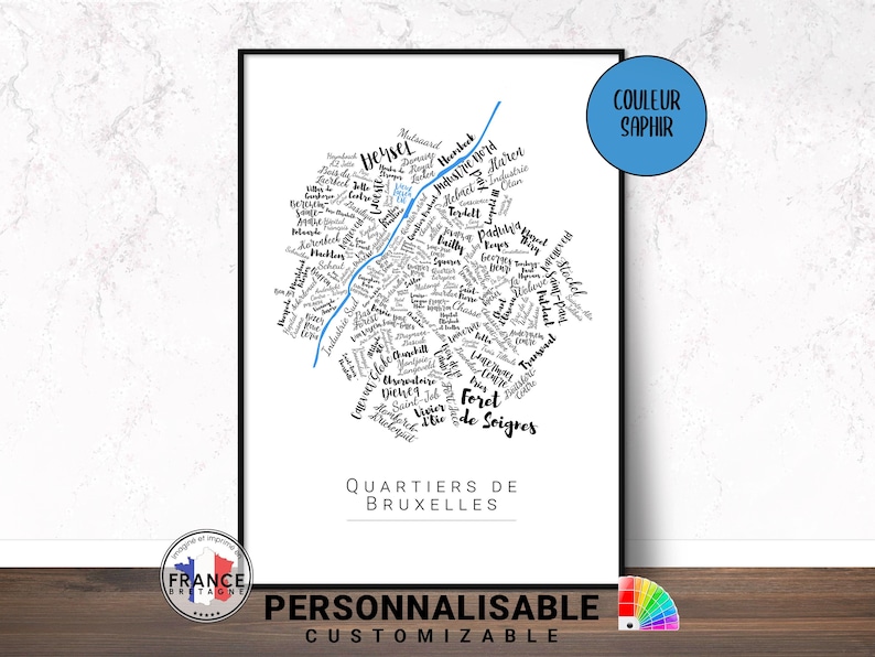 Carte personnalisée Bruxelles – Choisissez votre quartier & couleur – Affiche déco moderne – Idée cadeau belge originale image 1