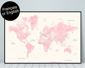 Carte Du Monde Rose Etsy