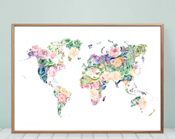 Very beautiful flowery world map, Tropical atmosphere for this poster with its flowers with watercolor effects
