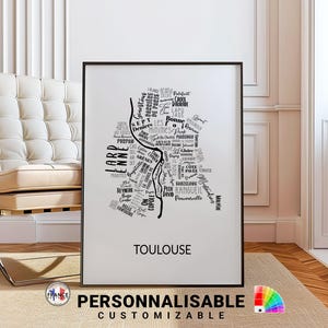 Affiche de Toulouse noir et blanc avec noms des quartiers, 12 couleurs au choix, Carte de Toulouse, Cadeau déco personnalisé et moderne