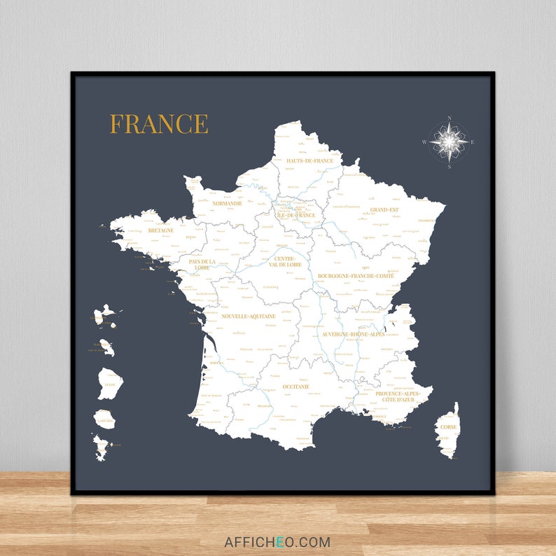 Carte de France, Carte des régions de France, Affiche décorative détaillée, Idée cadeau originale image 1