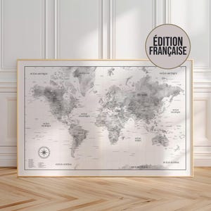 Black and White World Map – Detailed Decorative Map – Watercolor Poster – Available in English or French – Travel Wall Art