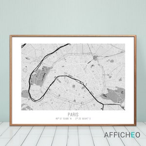 Carte de Paris façon minimaliste en noir et blanc, Idée cadeau pour les amoureux de la ville lumière...