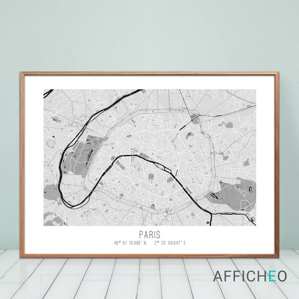 Carte de Paris façon minimaliste en noir et blanc, Idée cadeau pour les amoureux de la ville lumière...