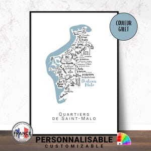 Affiche de Saint-Malo personnalisable, Carte des quartiers de Saint-Malo, Idée cadeau originale, Cadeau déco personnalisé, Bretagne