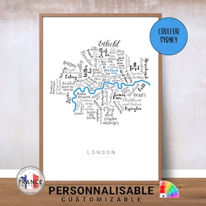 Carte de Londres, Affiche des quartiers de Londres personnalisable, Impression quartiers Londres, Plan de Londres, Cadeau déco personnalisé