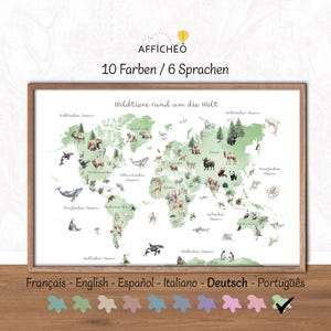 Carte du monde enfant, Affiche avec des animaux sauvages, Poster aquarelle des animaux du monde, Carte éducative animaux, Affiche Montessori