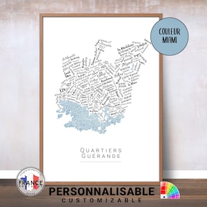 Affiche de Guérande, Carte des quartiers de Guérande personnalisable, Poster noms des quartiers de Guérande, Cadeau déco personnalisé,