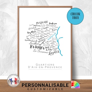 Affiche Aix-en-Provence personnalisable, Carte des quartiers Aix-en-Provence, Poster Original et moderne, Cadeau déco personnalisé