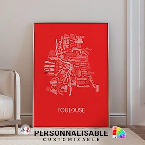 Carte Toulouse colorée, 12 couleurs au choix, Affiche personnalisée de Toulouse et ses quartiers, Affiche originale de Toulouse