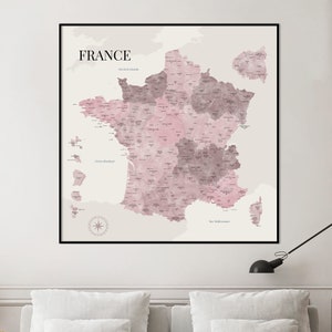 Carte de France aux tonalités aquarelle roses, Carte des départements de France, Affiche décorative détaillée, Idée cadeau originale image 2
